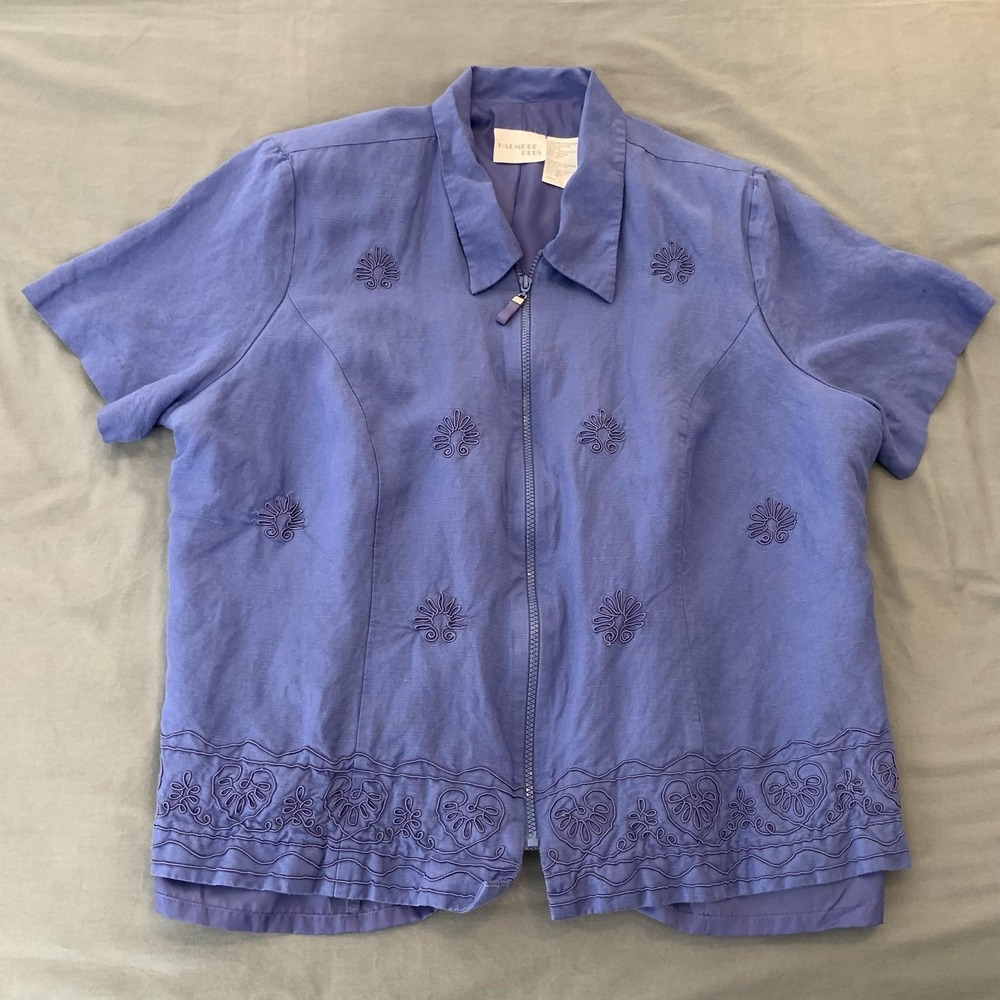 Halmode Plus Blouse Womens 20W Blue Linen Blend Embroidered Zip Front Lined
